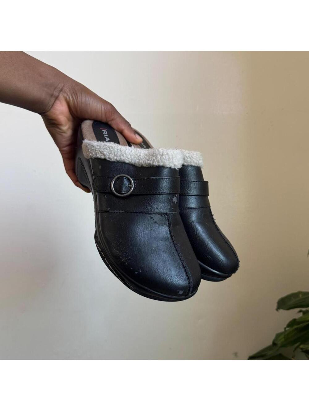 Vintage Y2K Rialto Black Faux Fur Lined‎ Clogs Mules Wedges US 8.5 - Picture 2 of 8